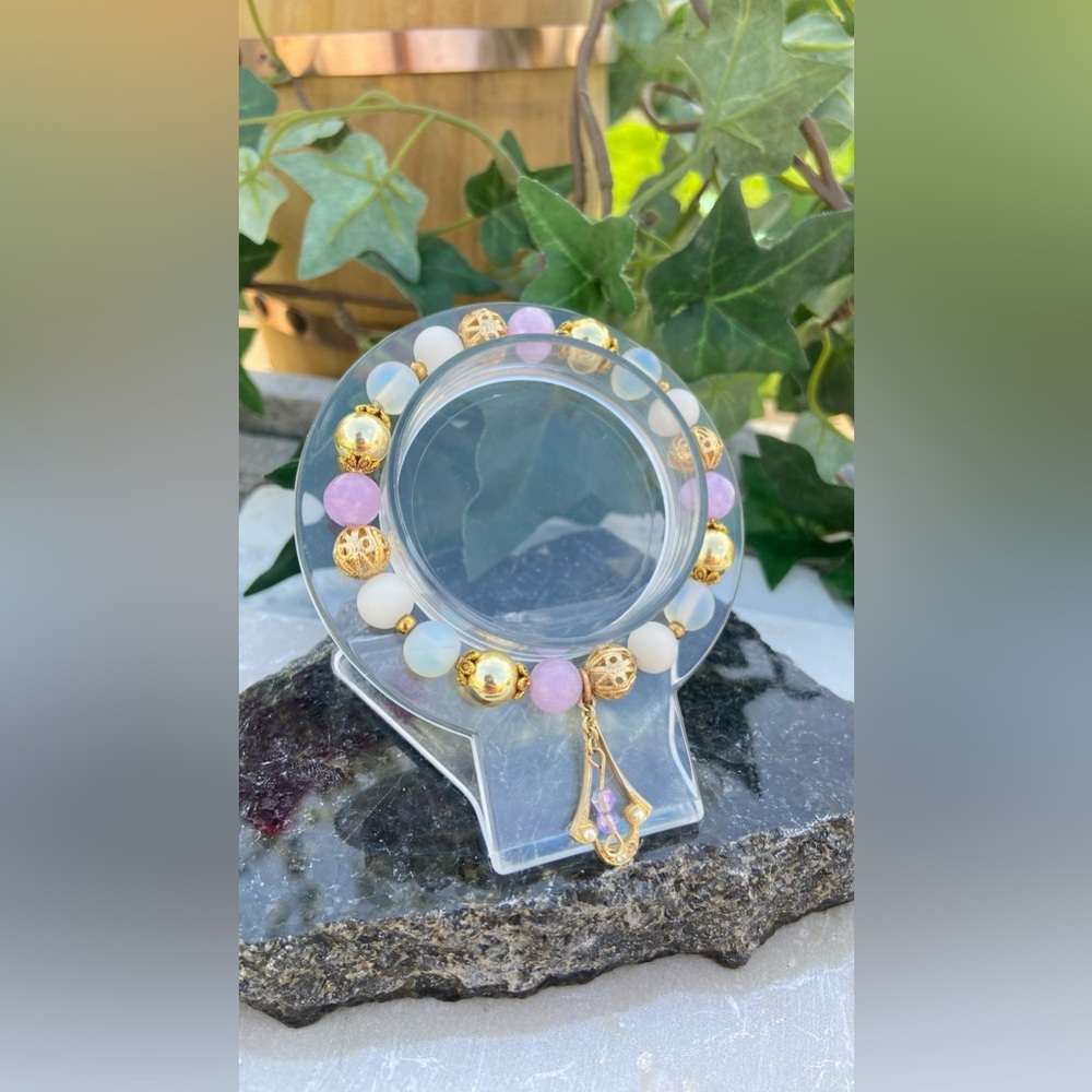 Handmade Gemstone Stretch Bracelet with Angelite, Opal, & Gold + QR Code